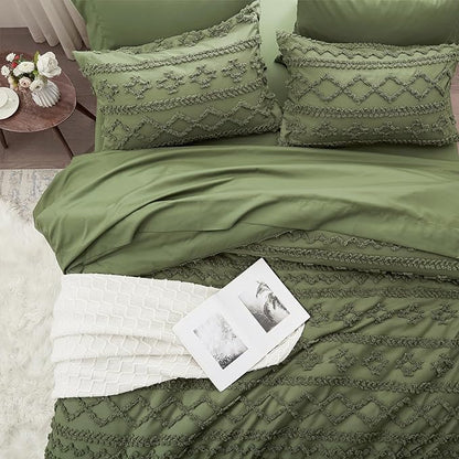 Anluoer King Comforter Set 7 Pieces, Olive Green Tufted Bed in a Bag with comforters and sheets, All Season Bedding Sets with 1 Comforter, 2 PillowShams, 2 Pillowcases, 1 Flat Sheet, 1 Fitted Sheet - LeafyLoom