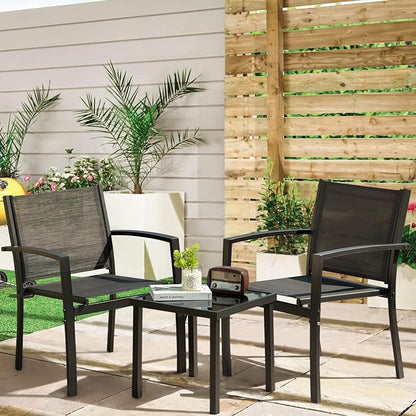 Greesum 3 Pieces Patio Furniture Outdoor Bistro Set Textilene Fabric Chairs for Lawn, Garden, Balcony, Poolside with A Glass Coffee Table, Black - LeafyLoom