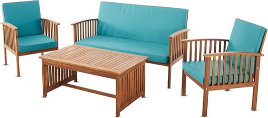 Christopher Knight Home Carolina Outdoor Acacia Wood Sofa Set with Water Resistant Cushions, 4-Pcs Set, Brown Patina / Teal - LeafyLoom