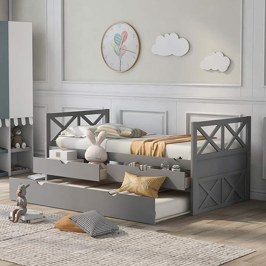 Twin Size Daybed with 2 Storage Drawers and Trundle, Solid Wood Captains Bed Frame for Bedroom and Living Room, Gray - LeafyLoom