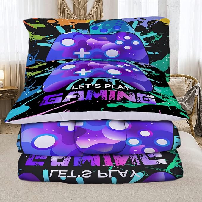 Sunnycitron Gaming Comforter sets for Boys Bedding Sets Kids Bed Comforter Set Gamer Bedding with Comforter Queen size Boys Teen Gamer Gamepad Comforter Set for Gaming bed,1Comforter 2Pillowcases - LeafyLoom