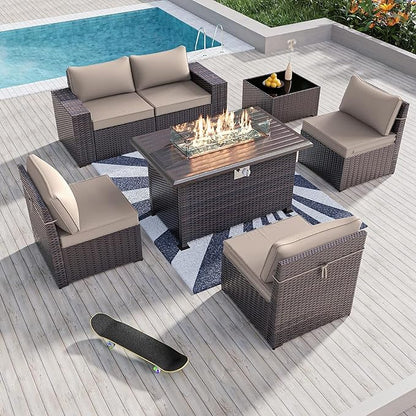 Kullavik 7 Pieces Outdoor Patio Furniture Set with 43" 55000BTU Gas Propane Fire Pit Table PE Wicker Rattan Sectional Sofa Patio Conversation Sets,Khaki - LeafyLoom