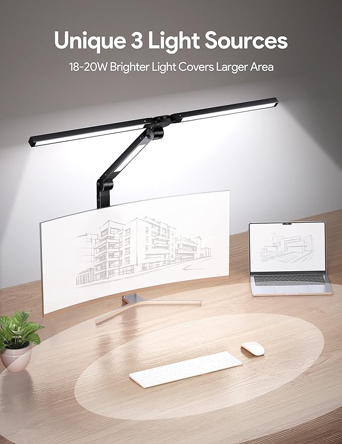 MediAcous LED Desk Lamp with Clamp, 20W Three Lights Desk Light for Home Office, Flexible Swing Arm, Control Box, 4 Color Modes, 4 Brightness, Memory Function, Eye-Caring Clip-on Lamp for Workbench - LeafyLoom