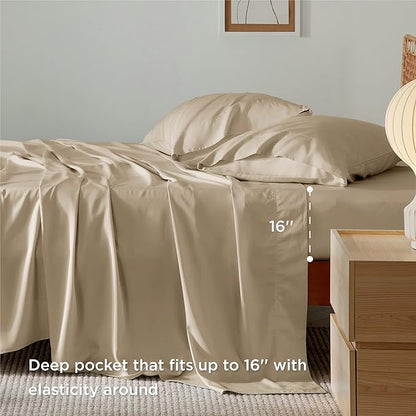 Bedsure Full Size Sheets, Cooling Sheets Full, Rayon Derived from Bamboo, Deep Pocket Up to 16", Breathable & Soft Bed Sheets, Hotel Luxury Silky Bedding Sheets & Pillowcases, Beige - LeafyLoom