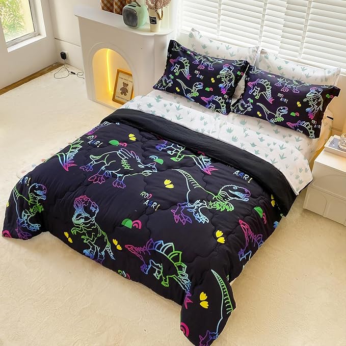 7 Piece Boys Dinosaur Comforter Bedding Set Bed in A Bag Full Size for Kid Girls Teens Dinosaurs Animal 3D Print Gradient Line Bedding Set with Comforter Sheet Set Pillowcase and Sham - LeafyLoom