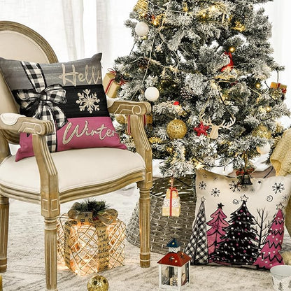 AVOIN colorlife Merry Christmas Joy Xmas Trees Pink Throw Pillow Covers, 18 x 18 Inch Christmas Winter Holiday Cushion Case Decoration for Sofa Couch Set of 4 AVOINcolorlife