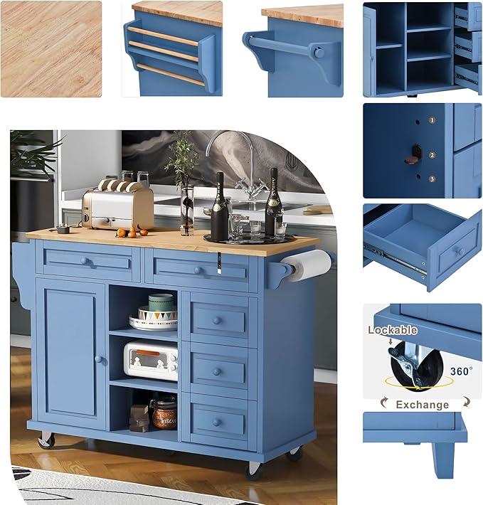 Island with Storage Cabinets, Rolling Mobile Kitchen-cart with Rubber Wood Desktop and 5 Drawers & Open Shelves, Sideboard for Dining Room, Home Bar, Blue, 52.8 Inch - LeafyLoom