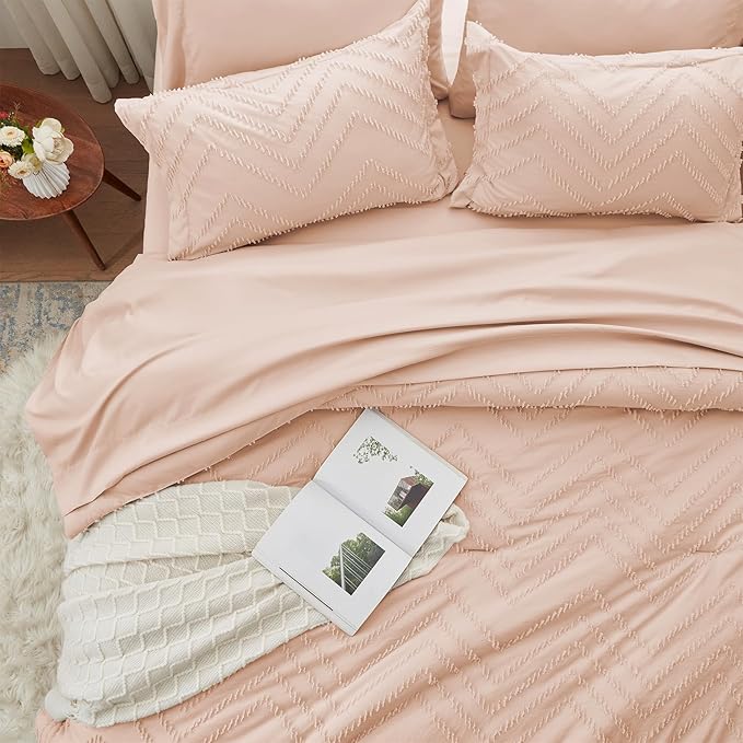 Anluoer Twin Comforter Set, Pink Tufted Bed in a Bag 5 Pieces with comforters and sheets, All Season Bedding Sets with 1 Comforter, 1 PillowShams, 1 Pillowcases, 1 Flat Sheet, 1 Fitted Sheet - LeafyLoom