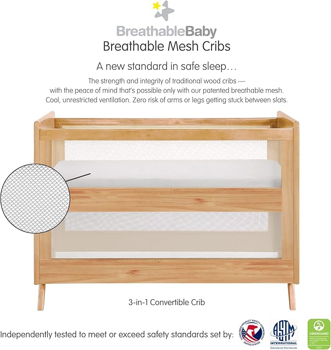 BreathableBaby Breathable Mesh 3-in-1 Convertible Crib (Toddler Bed Kit Sold Separately) — Beech — Two Adjustable Mattress Heights — Greenguard Gold Certified - LeafyLoom