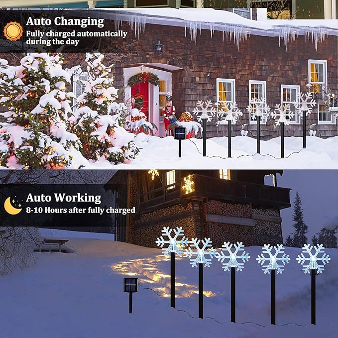 Christmas Snowflake Pathway Lights, 5 Pack Solar Christmas Stake Markers with Cool White Fairy Lights for Outdoor Holiday Walkway Patio Garden Christmas Decorations (5PCS-Cool White-Snow) ILLUMINEW