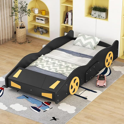 Twin Size Car Bed with Storage Space,Race Car-Shaped Platform Wooden Bedframe W/Wheels,No Box Spring Required,for Boys Toddlers Kids Child's Bedroom,Black+Yellow - LeafyLoom