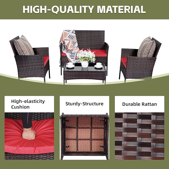 Patio Furniture Set 4 Pieces Conversation Sets Outdoor Wicker Rattan Chairs Garden Backyard Balcony Porch Poolside Loveseat with Soft Cushion and Tempered Glass Table(Brown/Red) - LeafyLoom