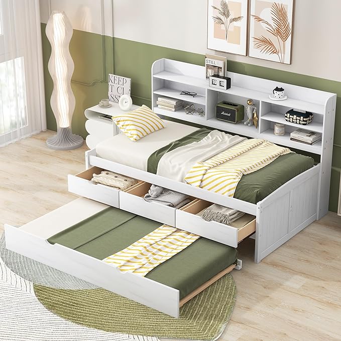 Twin Size Captain Bed with 3 Storage Drawers and Trundle, Wood Twin Bed Frame with Built-in Bookshelves for Kids Teens Adults, White Wash - LeafyLoom