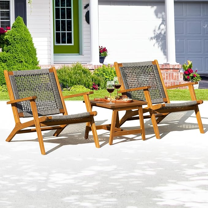 Solid Wood Rope Bistro Set of 3, Reclining Set 3 - LeafyLoom