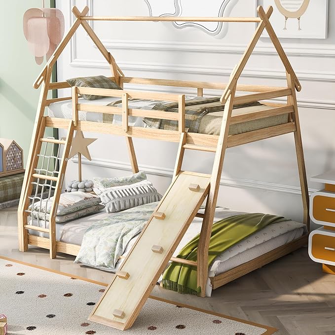 Twin Over Queen House Shape Bunk Bed, Wooden Bunk Beds House Bed with Climb Nets and Climbing Ramp for Kids Boys Girls Bedroom, No Box Spring Needed, Natural - LeafyLoom