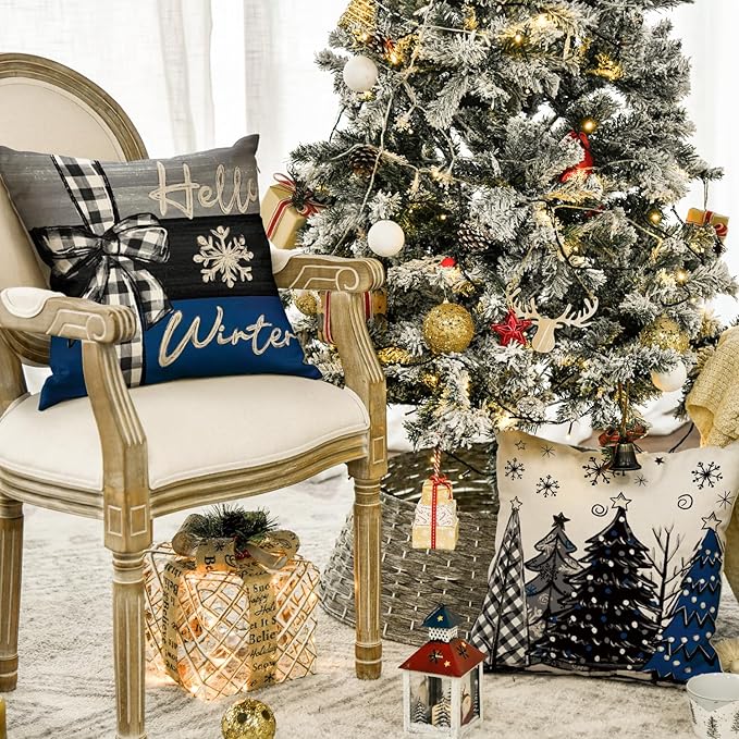 AVOIN colorlife Merry Christmas Joy Xmas Trees Blue and Black Throw Pillow Covers, 20 x 20 Inch Christmas Winter Holiday Cushion Case Decoration for Sofa Couch Set of 4 AVOINcolorlife