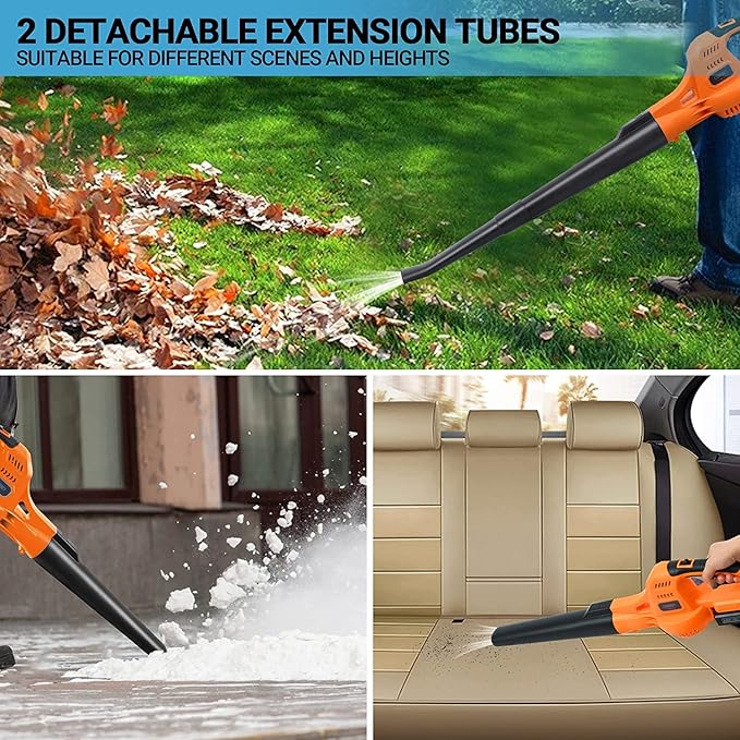 20V Cordless Leaf Blower with Battery and Charger, Leaf Blower Battery Operated, Rechargeable Electric Handheld Leaf Blower Variable Speed with 2 Tubes for Patio, Leaves Blowing-Orange - LeafyLoom