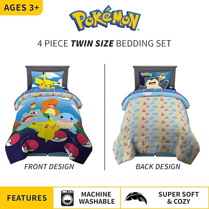 Franco Kids Bedding Super Soft Comforter and Sheet Set, 4 Piece Twin Size, Pokemon (Prints May vary) - LeafyLoom