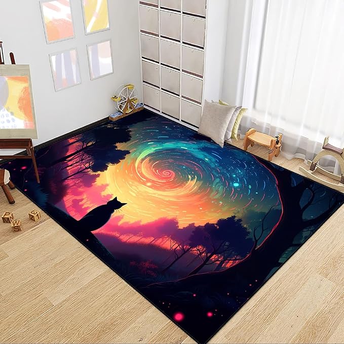 Moon Black Cat Rug - Mystical Stary Night Cat Rug for Kids Bedroom Colorful Black Cat Rug Decor Room Cat Door Mats Outdoor Entrance, 3x4 Feet - LeafyLoom