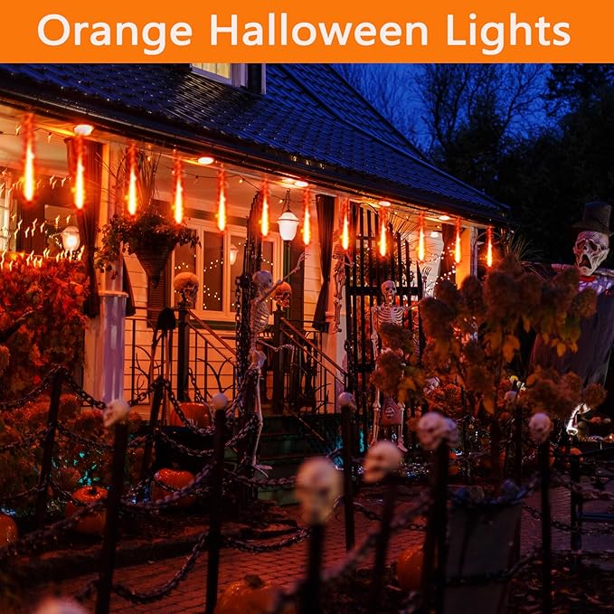 Halloween Decorations Outside, Kwaiffeo Waterproof Orange Meteor Shower Lights for Halloween Decorations Outdoor, 8-Tube Falling Rain Lights for Fall Decor Autumn Decoration Thanksgiving Yard, UL Plug Kwaiffeo