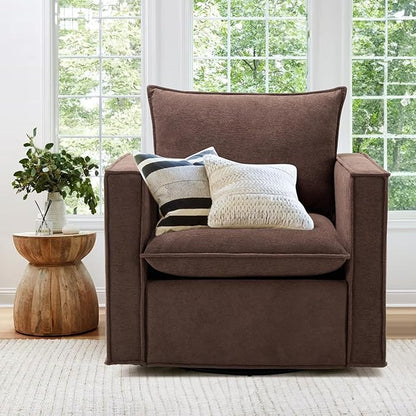 COLAMY Swivel Accent Chair for Living Room, 34inches Wide Upholstered Arm Chair with Plump Back Pillow, Modern Sofa Living Room Chair for Bedroom, Corner, Reading Nook-Brown - LeafyLoom