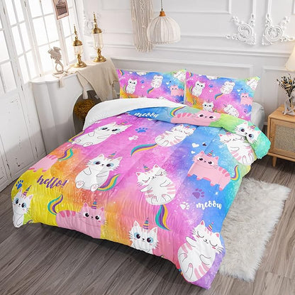 Axolotl Cat Bedding Twin Cartoon Cat Comforter Set,Rainbow Printed Kids Bedding Set for Girls Kids Adults Teens,Kids Comforter Set All Season,1 Quilt 2 Pillow Cases,Colorful Pink Blue - LeafyLoom