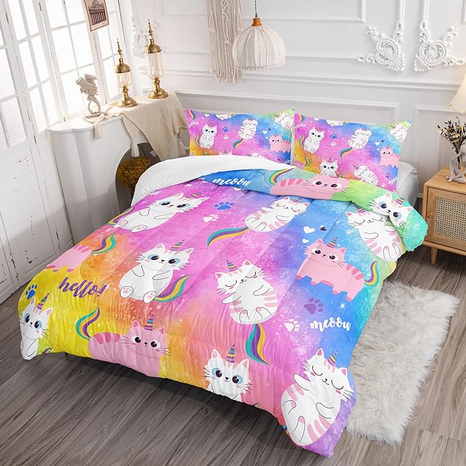 Axolotl Cat Bedding Full Cartoon Cat Comforter Set,Rainbow Printed Kids Bedding Set for Girls Kids Adults Teens,Kids Comforter Set All Season,1 Quilt 2 Pillow Cases,Colorful Pink Blue - LeafyLoom