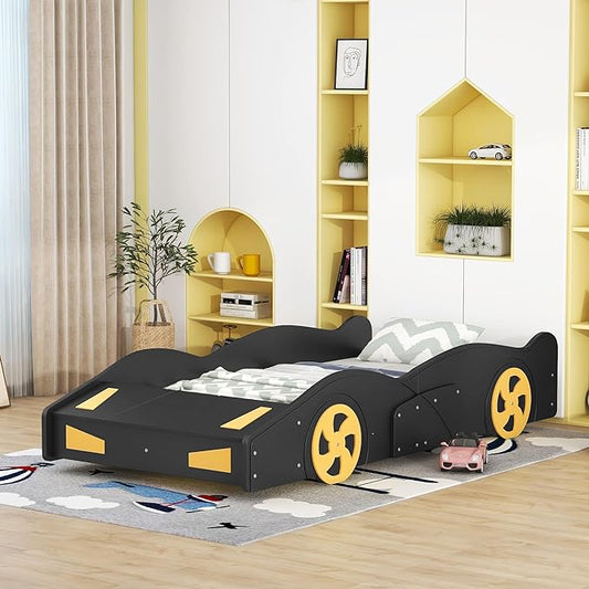 Twin Size Car Bed with Storage Space,Race Car-Shaped Platform Wooden Bedframe W/Wheels,No Box Spring Required,for Boys Toddlers Kids Child's Bedroom,Black+Yellow - LeafyLoom