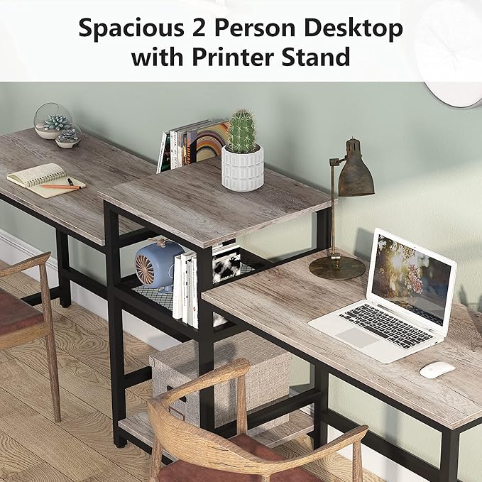 Tribesigns Extra Long Two Person Desk with Storage Shelves, 96.9 inch Double Computer Desks with Printer Shelf for 2 People, Rustic Writing Desk Workstation for Home Office - LeafyLoom