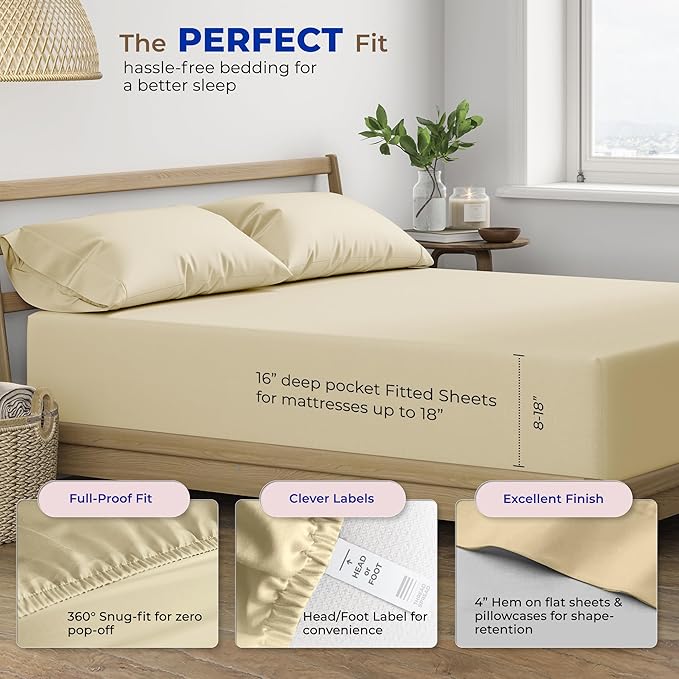 THREAD SPREAD 100% Egyptian Cotton Sheets California King Size - 600 Thread Count 4 PC Luxury Sheets Cal King Size, Soft, Cooling Hotel Luxury Bed Sheets & Pillowcases, Fits Mattress upto 18" - Sand - LeafyLoom