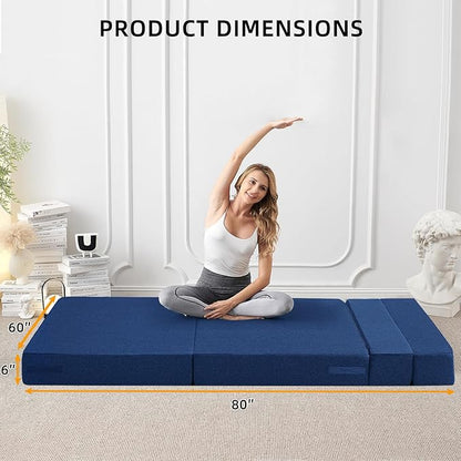 Convertible Folding Sofa Bed-Sleeper Chair with Pillow, Modern Linen Fabric Floor & Futon Couch, Foldable Mattress for Living Room/Dorm/Guest Use/Home Office/Apartment, Queen Size,Navy Blue - LeafyLoom