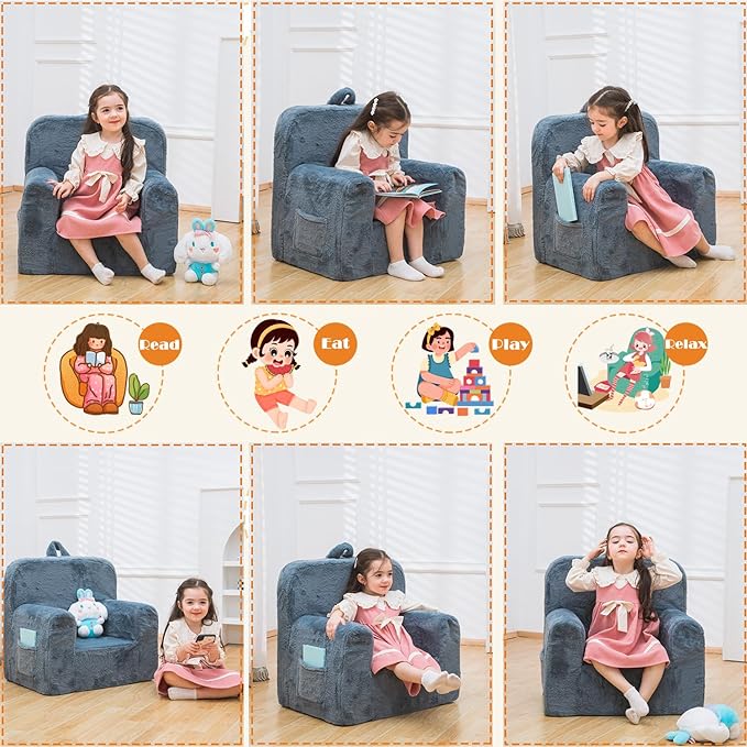 Snuggly-Soft Cuddly Toddler Plush Armchair for Boys and Girls Fuzzy Plush Kids Sofa Couch Reading Chair with Children Friendly Handle for Easy Movement & Double Pockets for Storage, Dark Grey - LeafyLoom