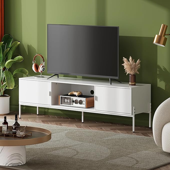 WLIVE Modern TV Stand for 65 Inch TV, Mid Century Entainment Center with Storage, TV Console with Open Shelf and 2 Cabinets for Bedroom and Living Room, TV Cabinet with Metal Legs, White - LeafyLoom