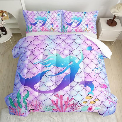 CVHOUSE Mermaid Comforter Set,Rainbow Mermaid Bedding Set for Girls Kids Teens,Rainbow Mermaid Comforter Mermaid Duvet Set Room Decor Quilt Set Queen Size - LeafyLoom