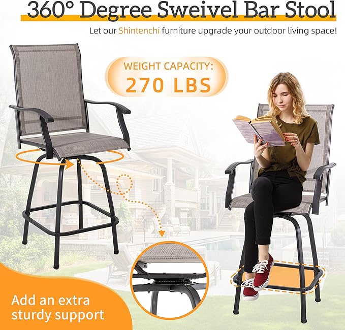 Shintenchi 4 Piece Outdoor Swivel Bar Stools, Patio Height Top Bar Stools Chairs Set of 4, All-Weather Textile Patio Bistro Bar high Chairs Set with High Back, Armrest for Lawn, Garden, Deck - LeafyLoom