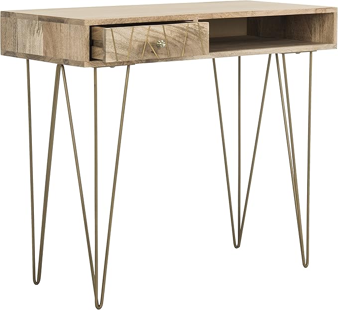 Safavieh Home Office Marigold Modern Natural and Brass 1-drawer Hairpin Leg Desk - LeafyLoom