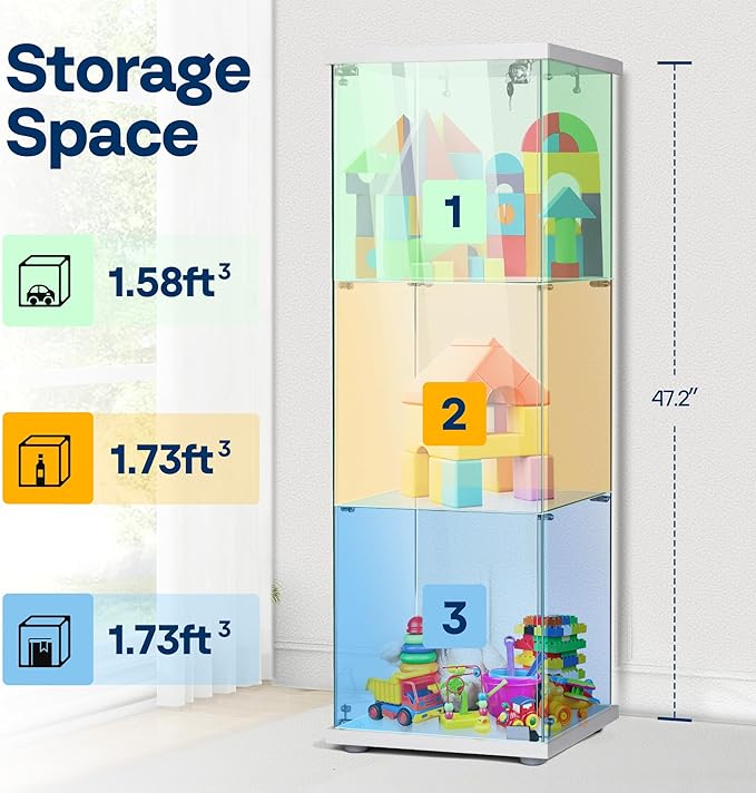 VIVOHOME 3 Layers 15.7''W x 15.7''D x 47.2''H Glass Display Cabinet Countertop Showcase with Lock, 5mm Tempered Glass 25mm MDF Base - LeafyLoom