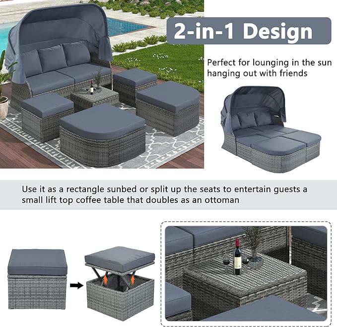 Rectangle Furniture Daybed Sunbed with Retractable Canopy, Outdoor Wicker Conversation Set with Cushions for Patio, Backyard, Porch, Garden, Hc-Gray - LeafyLoom