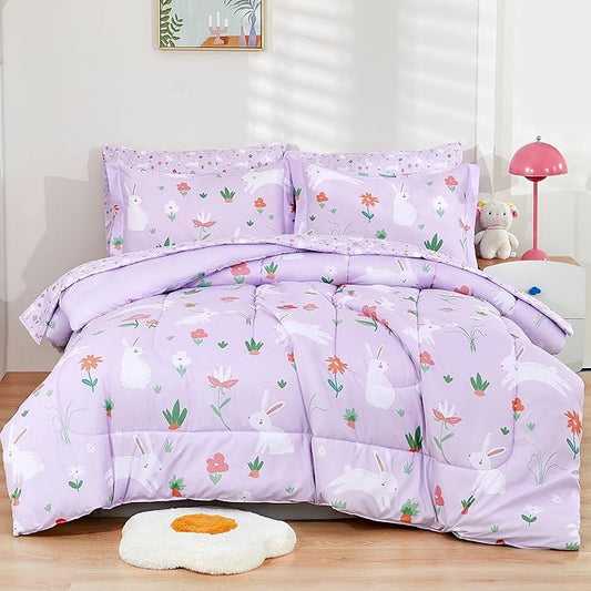 Mooreeke Bed in a Bag for Kids Girls Teens, 5 Pieces Twin Size Comforter Bed Set with Shams, Sheet Set, Rabbit Purple Super Soft Microfiber Kids Comforter Bedding Set - LeafyLoom