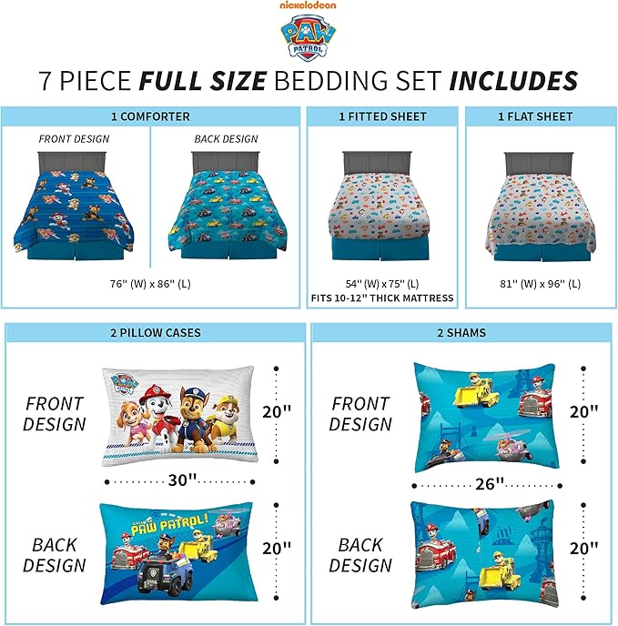 Franco Kids Bedding Super Soft Comforter and Sheet Set with Sham, 7 Piece Full Size, Paw Patrol - LeafyLoom