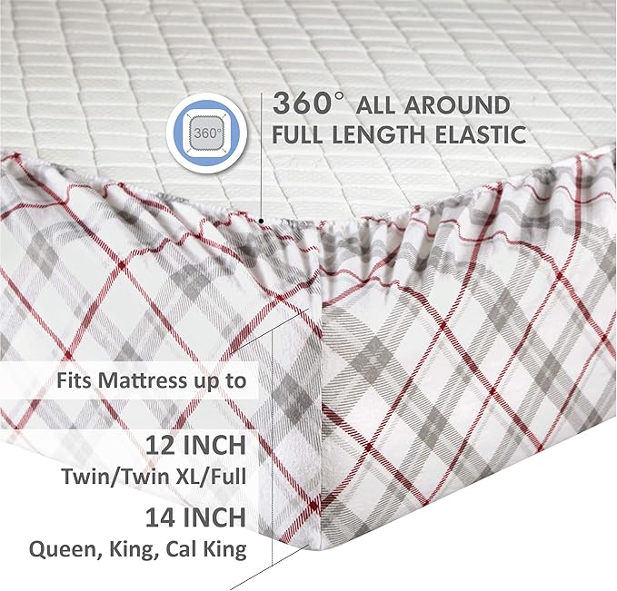 Comfort Spaces Cotton Flannel Breathable Warm Deep Pocket Sheets with Pillow Case Bedding, Cal King, Grey/Red Plaid 4 Piece - LeafyLoom