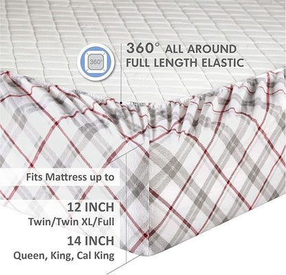 Comfort Spaces Cotton Flannel Breathable Warm Deep Pocket Sheets with Pillow Case Bedding, Cal King, Grey/Red Plaid 4 Piece - LeafyLoom