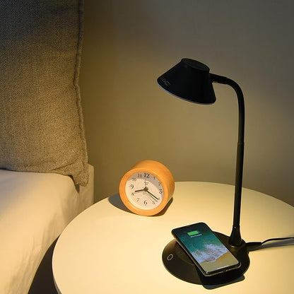 DAC Desk Lamp Wireless Charger – for iPhone 11, X, 8, Galaxy S20, S10, S9, S8, S7 and All Qi-Enabled Devices - 3 Brightness Levels - Flexible Gooseneck LED Lamp - Desk Light for Office – Black - LeafyLoom