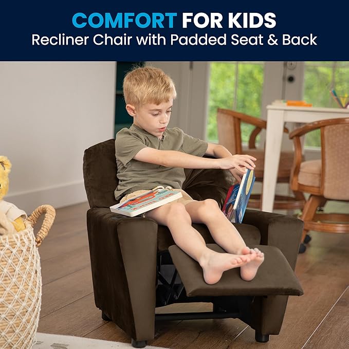 Flash Furniture Chandler Microfiber Kids Recliner with Cup Holder and Safety Recline, Contemporary Reclining Chair for Kids, Supports up to 90 lbs., Brown - LeafyLoom