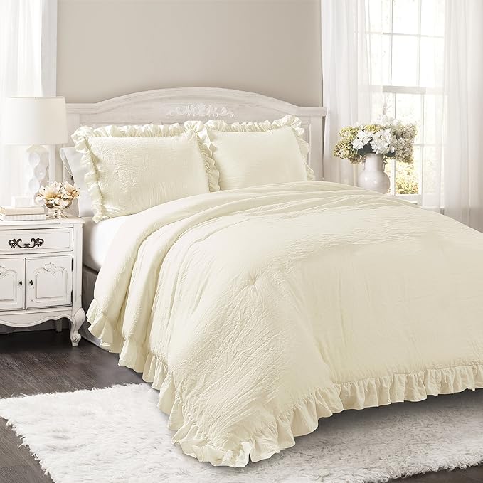 Lush Decor Reyna Ruffle Comforter Set - 3 Piece Cozy Ruffled Bedding Set - Timeless Elegance and Comfort for Dorm Room - Full/ Queen, Ivory - LeafyLoom