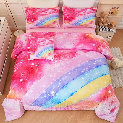 Rainbow Twin Size Comforter Set for Girls 6 Pieces Sparkle Tie Dye Pink Girls Bedding Comforter Sets Galaxy Kids Bed Comforter Sets Gradient Glitter Soft Bed in A Bag with Sheets - LeafyLoom