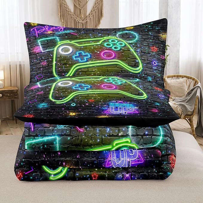 Boys Queen Size Bedding Set, Kids Bedding Sets for Boys, Gaming Comforter Sets for Boys, Teen Boys Gaming Bedding Sets, Gamer Room Decor for Boys Teens Girls (1 Comforter +2 Pillowcases) - LeafyLoom