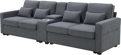 114.2" Linen Upholstered Sofa with Consoleand 2 USB Ports Wired or Wirelessly Charged,Modern 4-Seat Couches W/ 4 Pillows and Two Cupholders,for Living Room,Apartment,Dark Grey - LeafyLoom