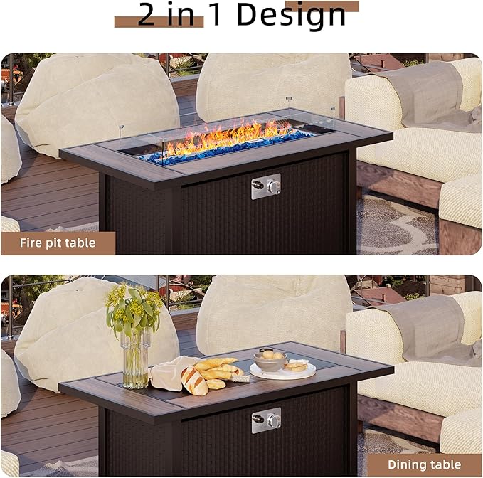 Shintenchi 6 Pieces Patio Furniture Sets w/Fire Pit Table, Outdoor Conversation Set w/50,000 BTU Steel Gas Fire Pit, Beige Patio Rattan Sectional Sofa Set w/Brown Top Fire Pit - LeafyLoom