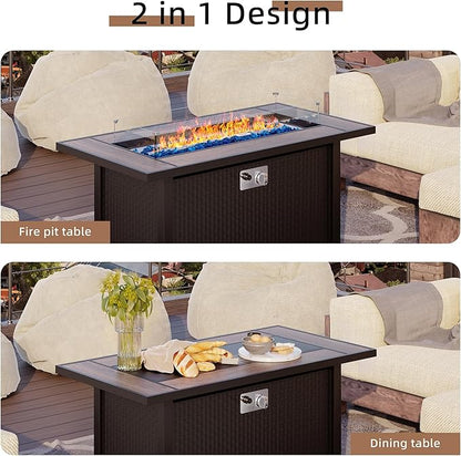 Shintenchi 6 Pieces Patio Furniture Sets w/Fire Pit Table, Outdoor Conversation Set w/50,000 BTU Steel Gas Fire Pit, Beige Patio Rattan Sectional Sofa Set w/Brown Top Fire Pit - LeafyLoom